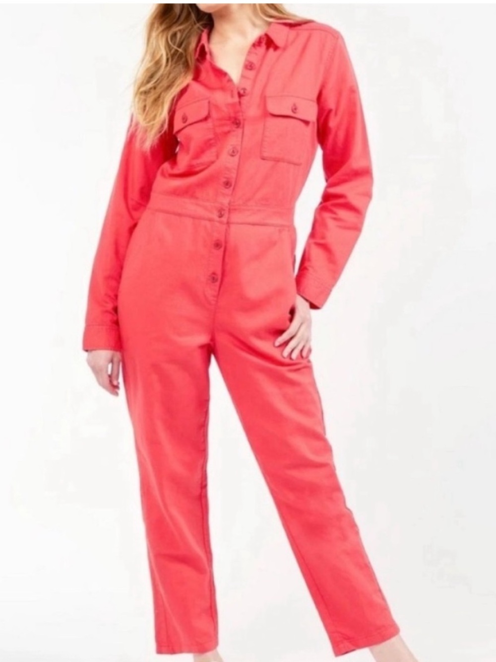OUTERKNOWN Large Jumpsuit Long Sleeve Linen Blend button front Parisian Red NWT